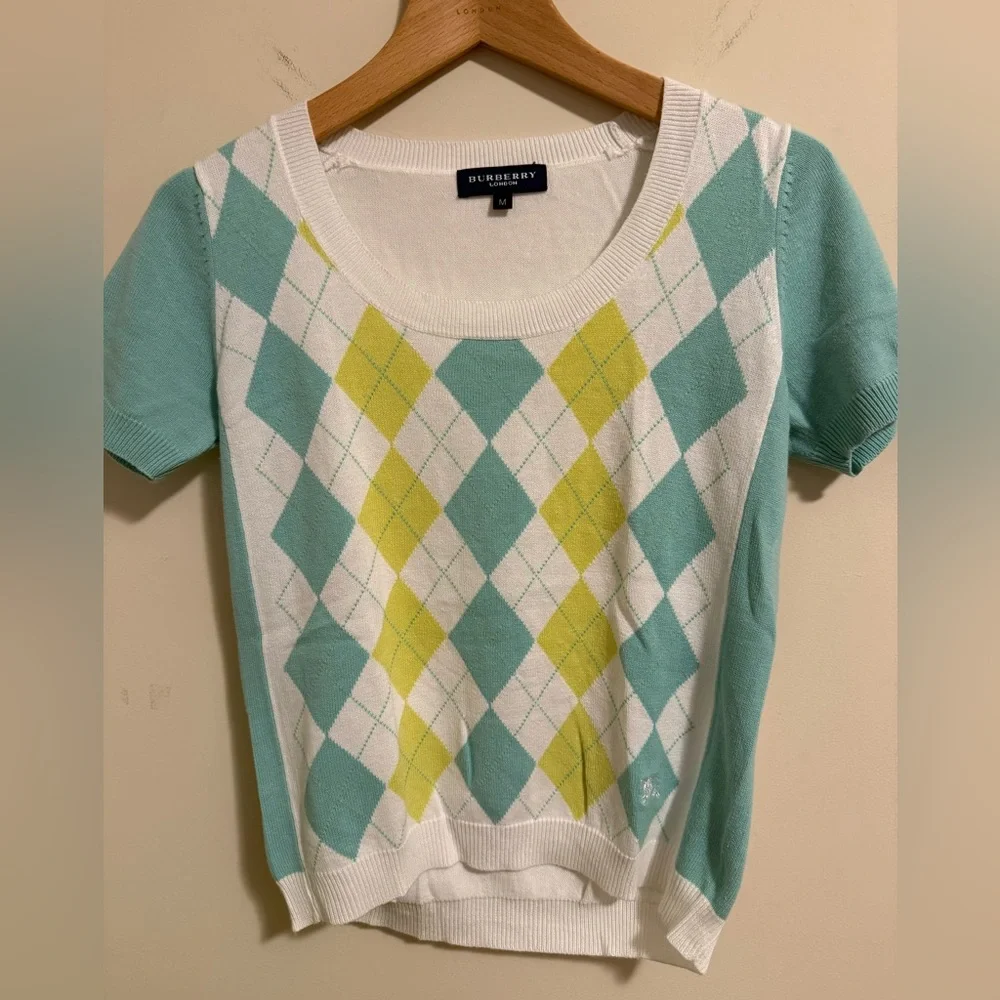 Burberry Pastel Argyle short sleeve Knit Top Size M - Picture 1 of 4